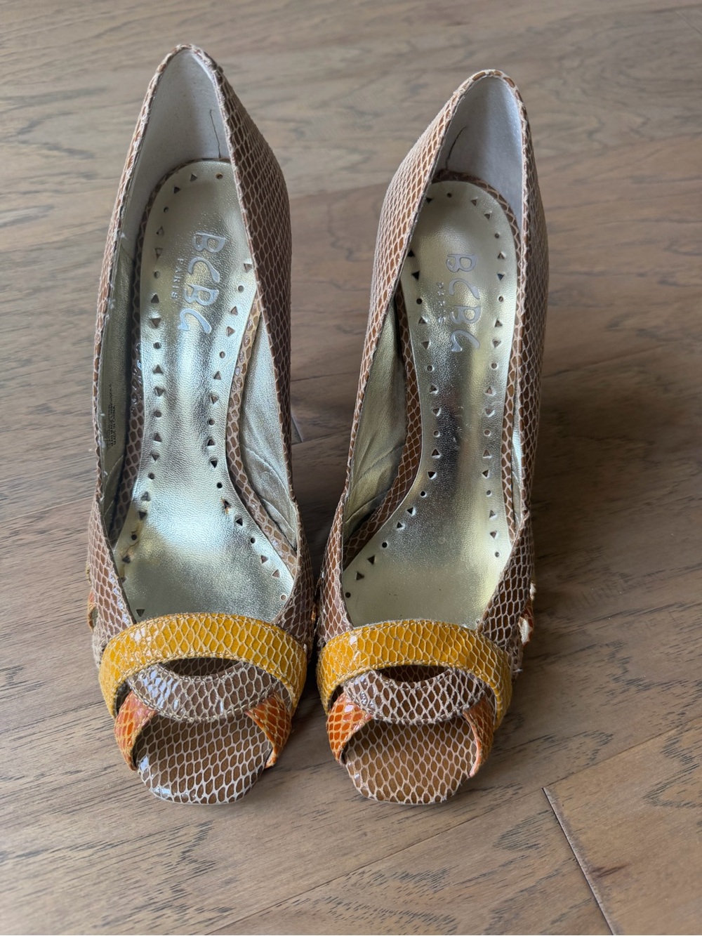 BCBG Paris Brown Snakeskin print Peep-Toe Pumps with Yellow Accent